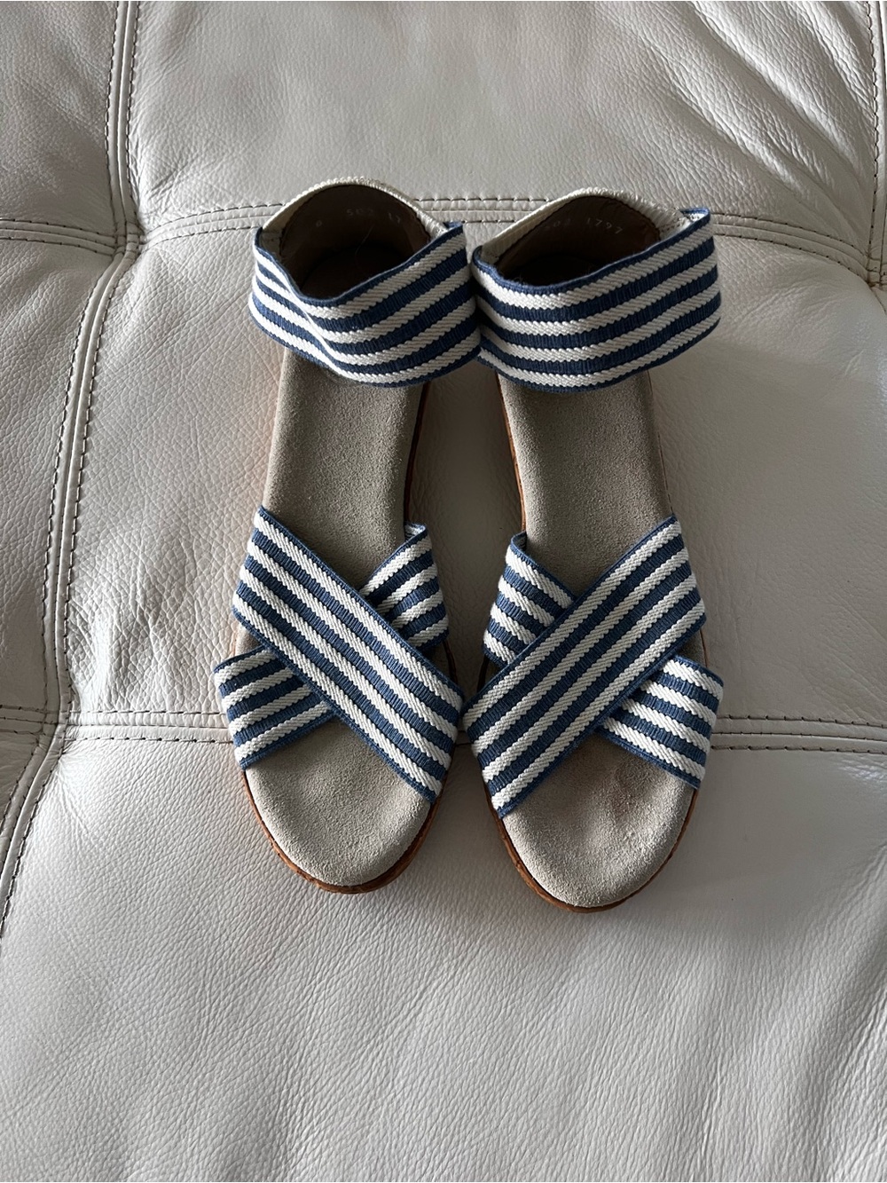 CHARLESTON SHOE CO. Blue and White Striped Crisscross Ankle-Strap Sandals